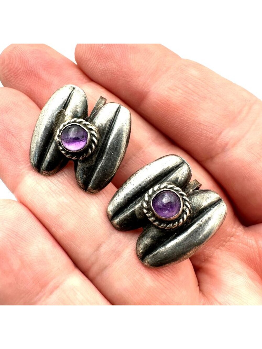 Mexico Womens Earrings Sterling Silver Amethyst Coffee Bean Design Screw Back